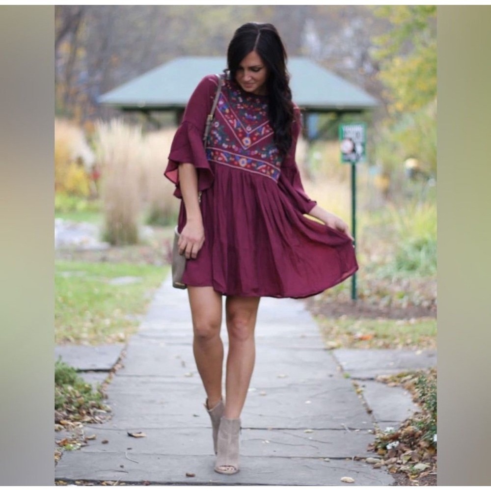 Umgee Burgundy Embroidered Midi Dress